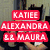 A static image shows three people in a group hug with red text overlay reading KATIE ALEXANDRA & MAURA.