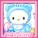 Hello Kitty in blue bear costume holding pink balloon, white face with yellow nose and black eyes, gray background with pink border, text 'Hellokitty' at bottom.