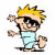 Pixelated cartoon character with spiky yellow hair, black sunglasses, light blue pants, and brown shoes in two mirrored poses.