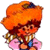 Pixelated cartoon character with orange hair, red face, and pink dress holding a golden object against white background.