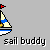 Pixelated sailboat icon with red flag, blue and white stripes on hull, yellow figure at helm, and 'sail buddy' text below.