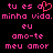 Pixelated pink text on black background with a heart symbol replacing 'o' in 'es', displaying Portuguese phrases about love.