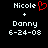 Pixelated text displays 'Nicole' with a red heart symbol, plus 'Danny', and date '6-24-08' on black background.