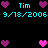 Pixel art displays "Tim" and "9/18/2006" text with pink and purple hearts on black background, showing two distinct heart arrangements.