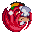 Pixel art animation of a red-haired character with white gloves and green shoes, cycling through poses inside a swirling red circular frame.