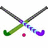 Two crossed hockey sticks with green and purple handles, a small pink ball, and red text on a white and red background.