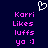 Pixelated icon with dark blue background, white heart symbol at top center, and repeated pink text reading 'Korri Likes luffs yo :]'.
