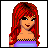 Pixelated character with long red hair, blue eyes, and a purple top against white background; green gradient backdrop with text 'Alicia' on right.