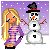 Pixel art of a blonde woman in purple dress and snowman with black top hat, orange carrot nose, brown twig arms against purple snowy background.