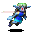 Pixelated character with green hat and blue outfit holding pink beam, two poses show arm movement from left to right.