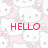 Pixelated image of a white cat-like character with pink accents and scattered gray squares on a white background, featuring bold red text reading "HELLO".