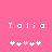 Pixelated text 'Talia' appears twice on a pink background with two of white and light pink heart symbols below