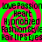 A static image with a green and pink spiral background displaying repeated text phrases in black pixelated font.