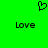 Green background with a black pixelated heart symbol above two instances of the word 'Love' in black pixelated text.