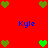 Red background with green heart icons and blue text reading 'Kyle' in four positions.