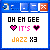 Pixelated graphic with blue border showing 'OH EH GEE' text above pink heart symbols and 'IT'S' in pink, followed by orange 'JAZZ X3' text.