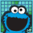 A 4x4 contact sheet of pixelated Cookie Monster animation frames with alternating text labels "COOKIE" and "MONSTER" above each character's head, showing subtle eye movement across sampled frames against a green grid background.