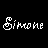Pixelated text 'Simone' in white with blue heart symbols scattered across a black background, framed by light blue borders.