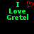 Green text 'I Love Gretel' with a red heart symbol above 'Love' on a black background, displayed in two side-by-side pixelated versions.