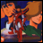 Pixelated anime-style character with orange hair and red armor stands on a platform, facing right, with a black background containing white text.