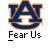 Two identical static buddy icons featuring a blue and orange Auburn University logo with "Fear Us" text below, displayed on a gray background alongside promotional text for badassbuddy.com.