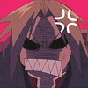 Animated character with spiky brown hair and dark purple face mask, showing angry expression with white squiggly lines above head against pink background.