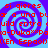 Static pixel art image with four identical spiral patterns on a blue background, overlaid with red text repeating phrases.