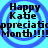 Pixelated text reads "Happy Kabe appreciation Month!!!!!" over a light blue background with four identical blue spiral patterns.