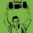 Green cartoon character with large black eyes and a small mouth, holding two curved green objects against a solid light green background.