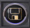 Six circular icons with golden floppy disk symbols on black backgrounds, each framed by a metallic border and blue glow.