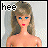 Pixelated doll with blonde hair and blue eyes displays sequential text changes from 'hee' to 'giggles', including 'Shh', 'don't tell', and 'NAKED!' variants.