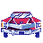 Pixelated static image of a red and blue vehicle with white accents, viewed from the front against a gray background.
