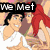 Pixelated animation of two characters in three scenes: meeting, dancing, and embracing with text overlays.