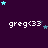 Pixelated text 'greg<33' repeated across a dark purple background with scattered light blue and dark purple stars.