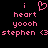 Pixelated pink text and symbols on black background, showing two identical static frames with 'i', heart symbol, 'heart', 'yoooh', 'stephen <3' arranged vertically.