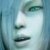 Pixelated close-up of a person's face with light skin tone, dark eyes, and closed mouth against blue-toned background.