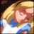 Pixelated image of a person with long blonde hair wearing blue and white clothing, head turned slightly right.