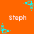 Orange background with cyan square-and-dot patterns and white 'steph' text in four positions.