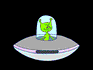 Green alien in clear dome atop gray UFO with pink trim, performing actions including raising arms and emitting purple/pink particles against black background.