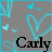 A gray background features cyan heart outlines, small butterflies, and the name 'Carly' in black text.
