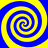 Four blue and yellow spiral patterns arranged in a square with a central yellow cross, each spiral rotating clockwise on a blue background