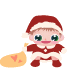 Two pixelated Santa figures in red and white outfits hold yellow bags with pink hearts; one figure has open eyes, the other closed eyes.