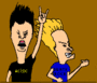 Animated sequence of two cartoon characters against brown background; one with black hair in black shirt, other with spiky blonde hair in blue shirt, both making rock hand gestures.