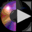 A circular icon with a play button overlay, displaying a gradient of purple, pink, and brown hues in a pixelated style.