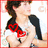 Pixelated image of a person with dark hair in a ponytail wearing a white top with a red heart-shaped bow, set against a light background with red border.