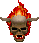 Pixelated skull with bull horns and flames, showing two states: one with black eye sockets and one with red eye sockets.
