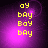 Yellow pixelated text 'oy bay Boy bay' on purple gradient background with subtle circular light effects.