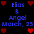 Pixelated blue text reads "Elias & Angel March, 29" surrounded by red heart icons on a black background.