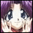Anime-style character with purple hair and large eyes, holding hands near face, next to text on black background.