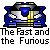 Pixel art of a blue and silver race car with yellow accents, positioned above text reading 'The Fast and the Furious' on gray background.